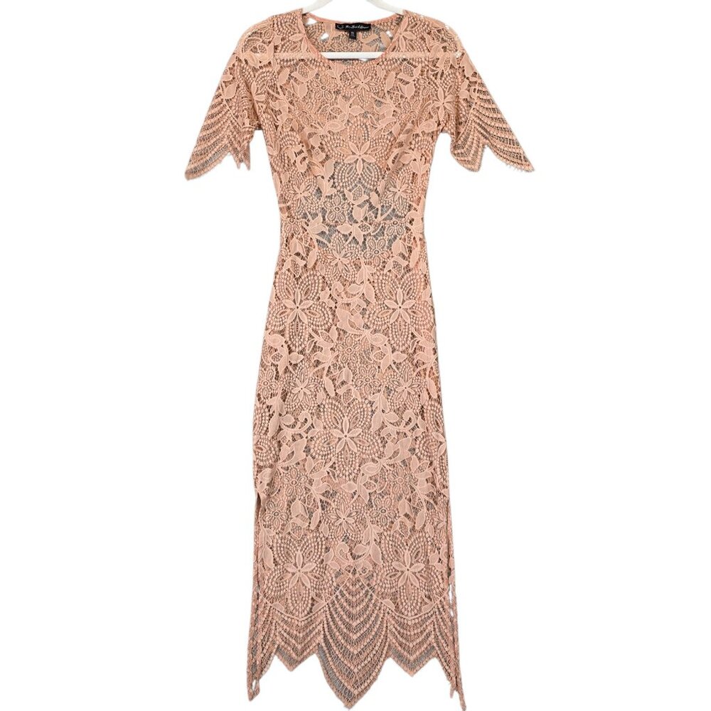 For Love & Lemons Dress Womens Small Pink Floral Lace Cut Out Sheer Midi Party